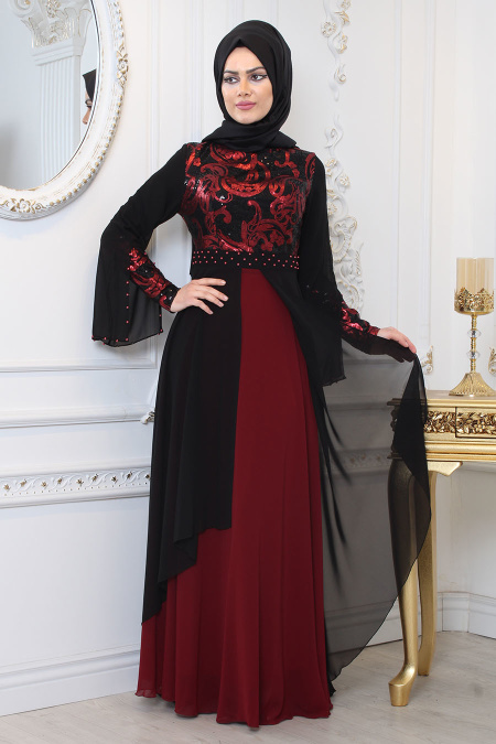 Evening Dresses - Claret Red Hijab Evening Dress 7959BR