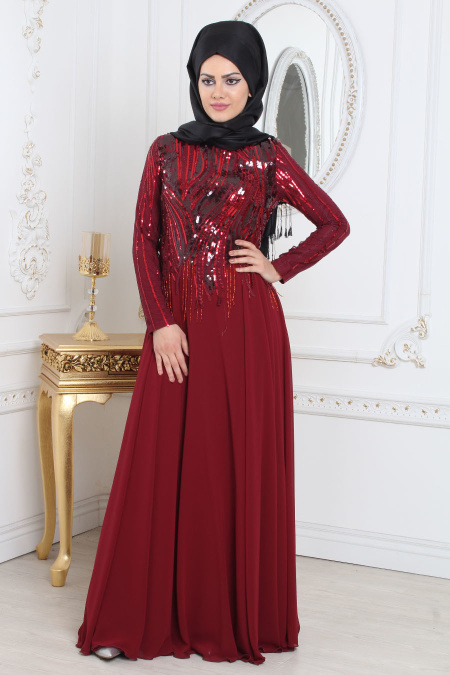 Evening Dresses - Claret Red Hijab Evening Dress 7962BR
