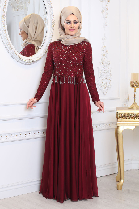 Evening Dresses - Claret Red Hijab Evening Dress 7991BR