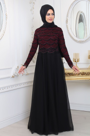 Evening Dresses - Claret Red Hijab Evening Dress 80040BR - Thumbnail