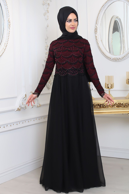 Evening Dresses - Claret Red Hijab Evening Dress 80040BR