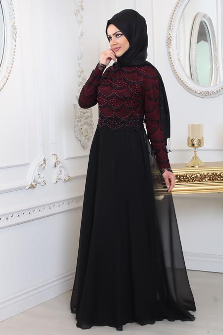 Evening Dresses - Claret Red Hijab Evening Dress 80040BR - 2