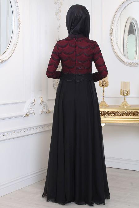 Evening Dresses - Claret Red Hijab Evening Dress 80040BR - 3