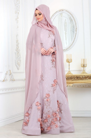 Evening Dresses - Dusty Rose Hijab Evening Dress 110GK - Thumbnail