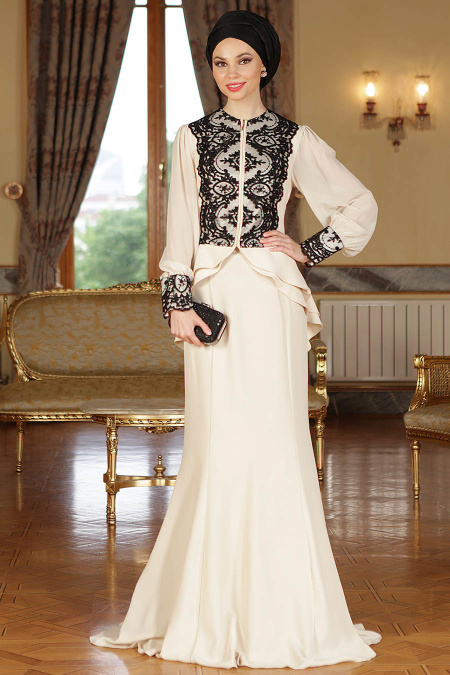 Evening Dresses - Ecru-Black Hijab Dress 9003E