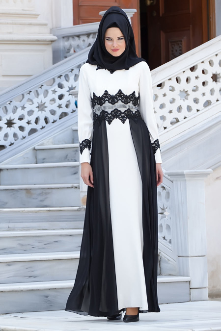 Evening Dresses - Ecru Hijab Dress 2076E