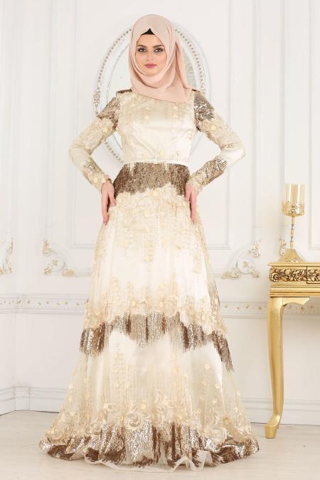 Evening Dresses - Ecru Hijab Dress 2120E - 2