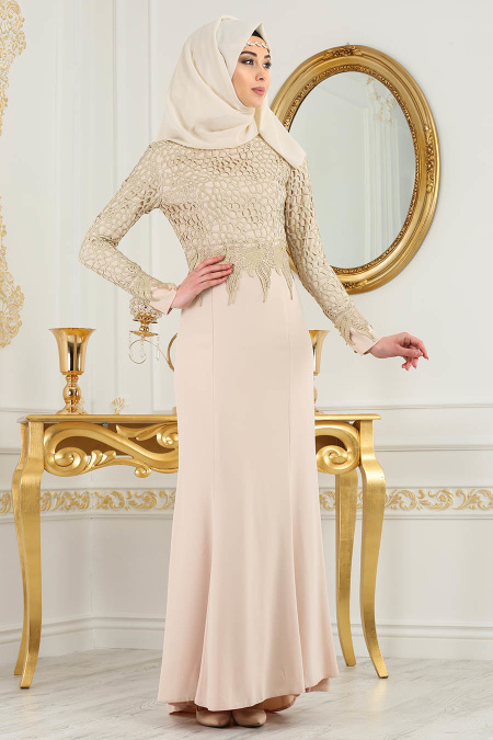 Evening Dresses - Ecru Hijab Dress 2165E