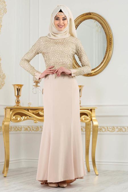 Evening Dresses - Ecru Hijab Dress 2165E - 2