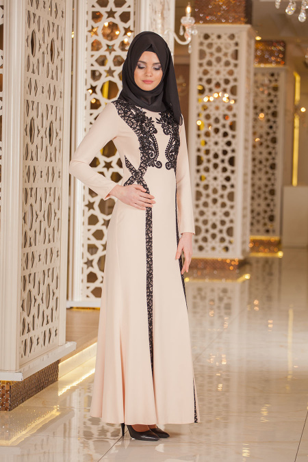 Evening Dresses - Ecru Hijab Dress 2192E