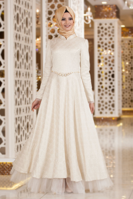 Evening Dresses - Ecru Hijab Dress 2220E