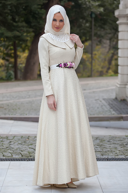 Evening Dresses - Ecru Hijab Dress 2223E
