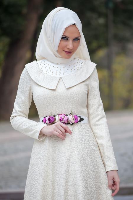 Evening Dresses - Ecru Hijab Dress 2223E - 2