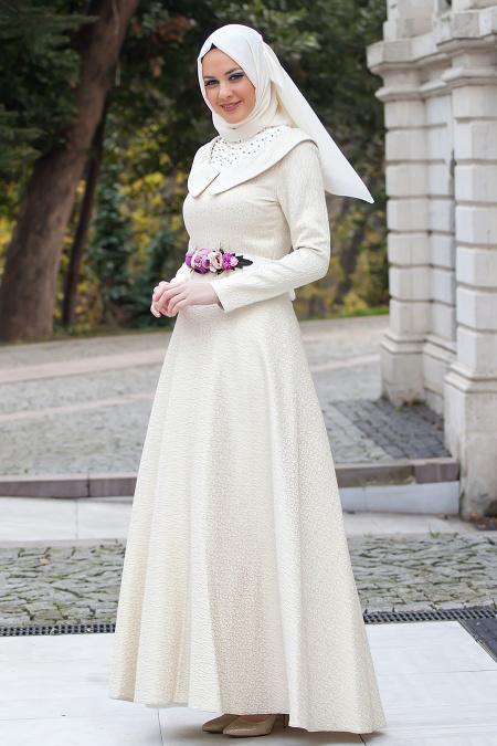 Evening Dresses - Ecru Hijab Dress 2223E - 3