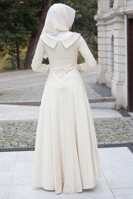 Evening Dresses - Ecru Hijab Dress 2223E - 4