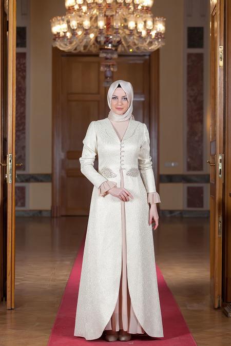 Evening Dresses - Ecru Hijab Dress 2225E - 2