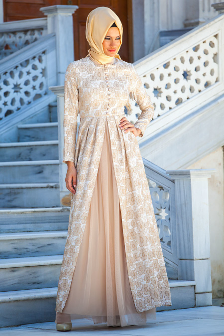 Evening Dresses - Ecru Hijab Dress 2229E