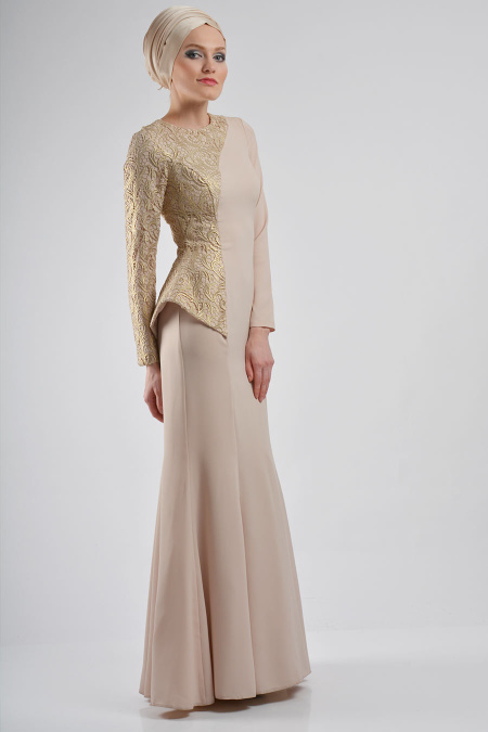Evening Dresses - Ecru Hijab Dress 3616E