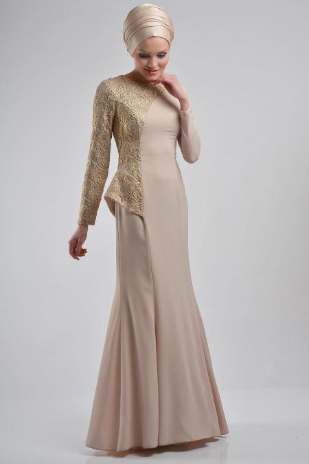 Evening Dresses - Ecru Hijab Dress 3616E - 2