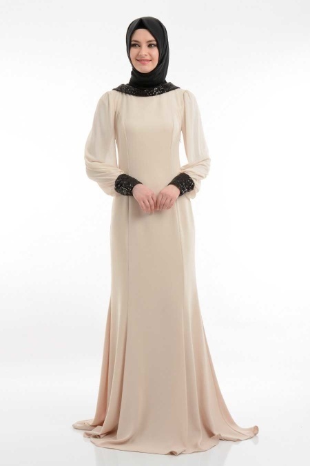 Evening Dresses - Ecru Hijab Dress 3787E