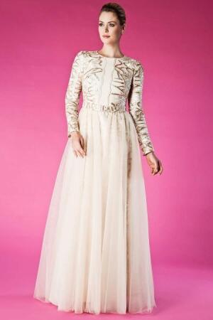 Evening Dresses - Ecru Hijab Dress 3921E - 1