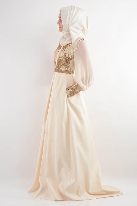 Evening Dresses - Ecru Hijab Dress 3955E - 3