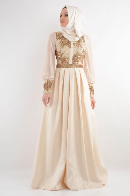 Evening Dresses - Ecru Hijab Dress 3955E - 2
