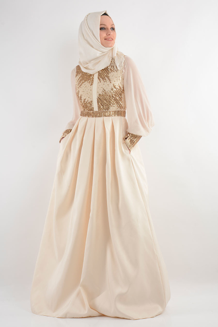Evening Dresses - Ecru Hijab Dress 3955E