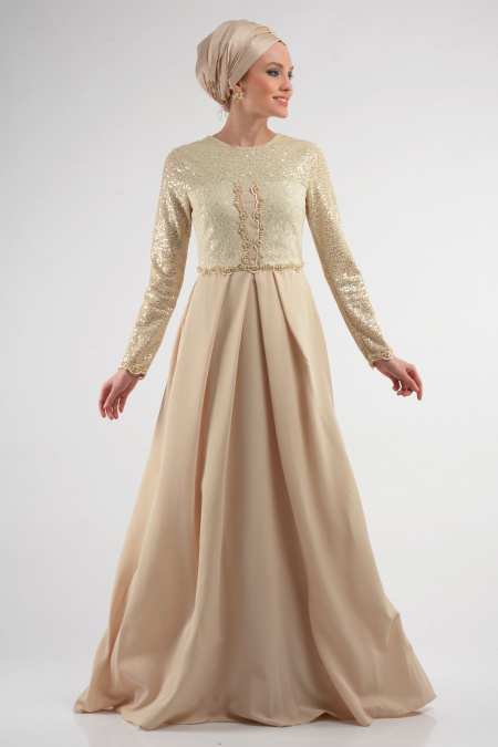 Evening Dresses - Ecru Hijab Dress 4009E