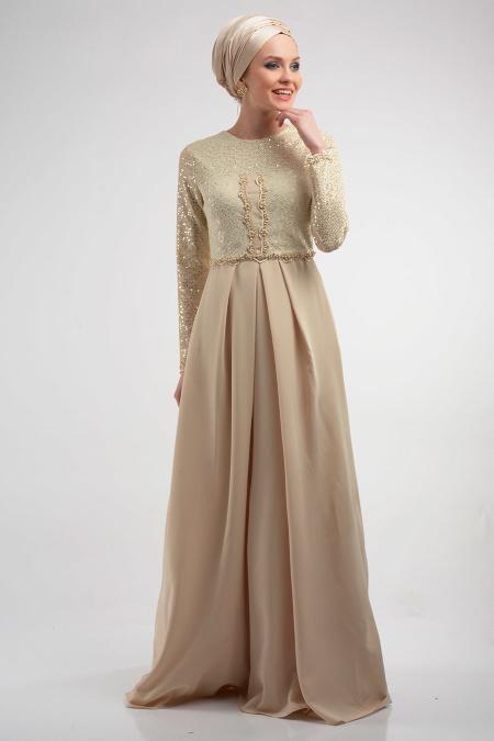 Evening Dresses - Ecru Hijab Dress 4009E - 2