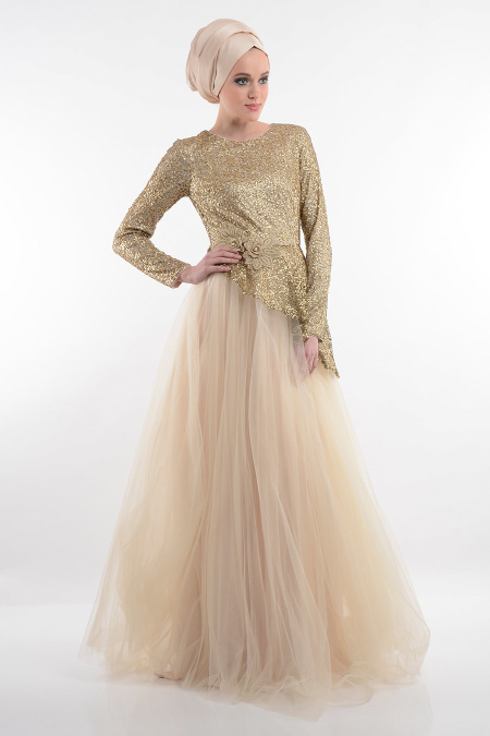 Evening Dresses - Ecru Hijab Dress 4064E