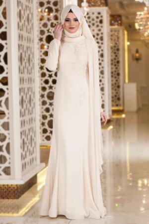 Evening Dresses - Ecru Hijab Dress 4078E - 1