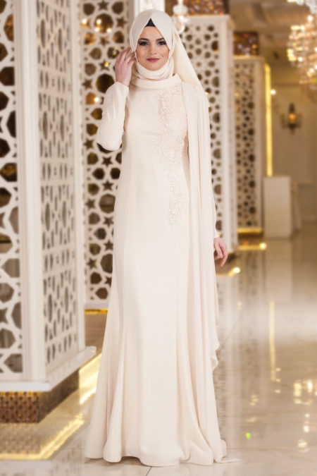 Evening Dresses - Ecru Hijab Dress 4078E