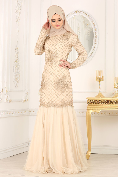 Evening Dresses - Ecru Hijab Dress 4175E