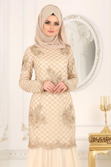 Evening Dresses - Ecru Hijab Dress 4175E - 2
