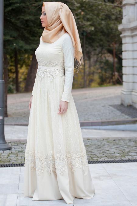 Evening Dresses - Ecru Hijab Dress 4178E - 2