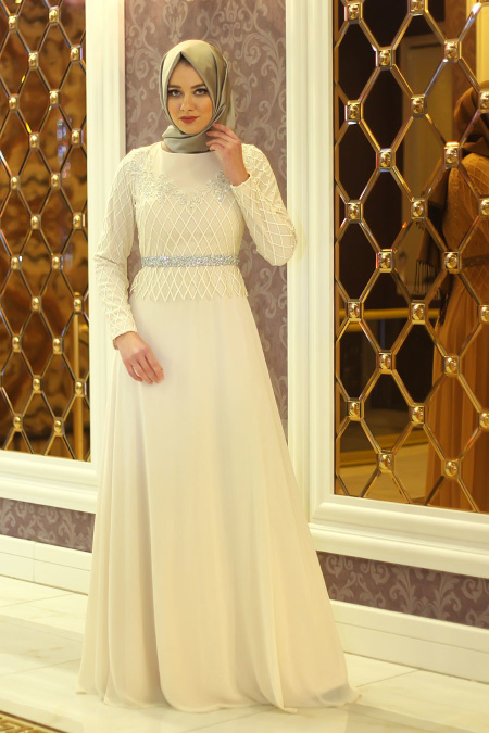Evening Dresses - Ecru Hijab Dress 4200E