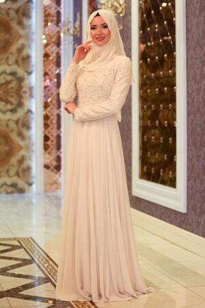 Evening Dresses - Ecru Hijab Dress 4332E - 1