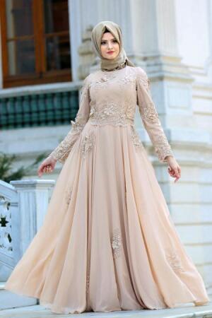 Evening Dresses - Ecru Hijab Dress 4350BEJ - 1