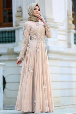 Evening Dresses - Ecru Hijab Dress 4350BEJ - 2