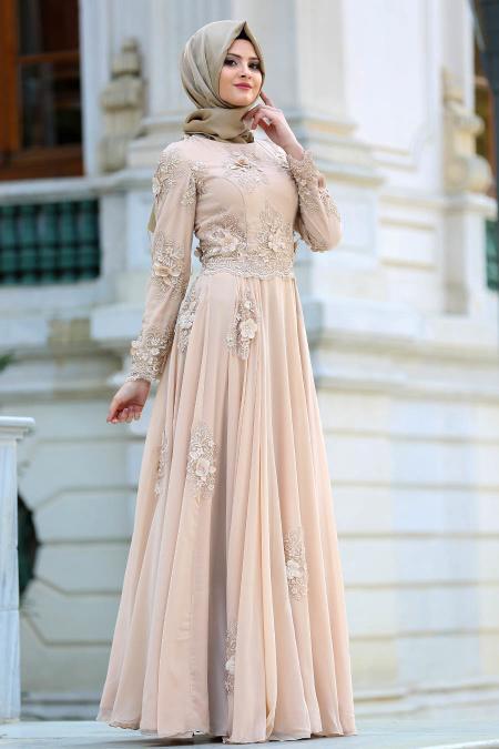 Evening Dresses - Ecru Hijab Dress 4350BEJ - 2