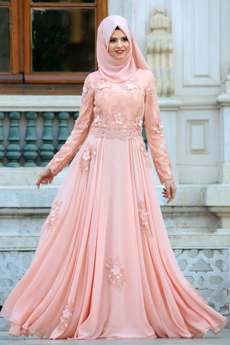 Evening Dresses - Ecru Hijab Dress 4350SMN