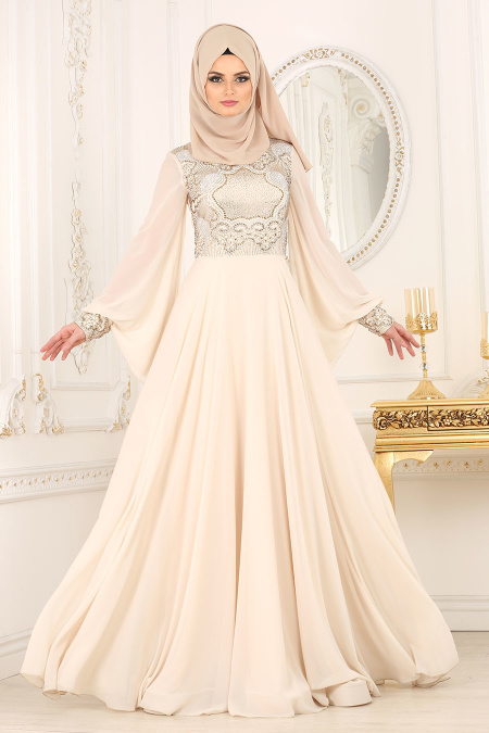 Evening Dresses - Ecru Hijab Dress 4361E