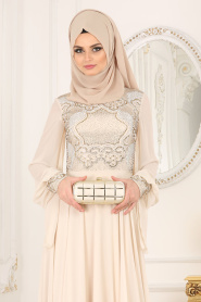 Evening Dresses - Ecru Hijab Dress 4361E - Thumbnail