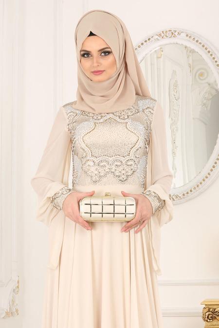 Evening Dresses - Ecru Hijab Dress 4361E - 2