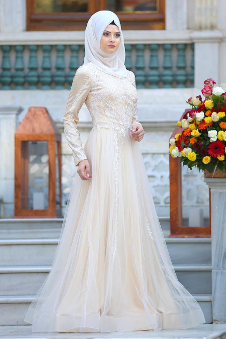 Evening Dresses - Ecru Hijab Dress 4419E