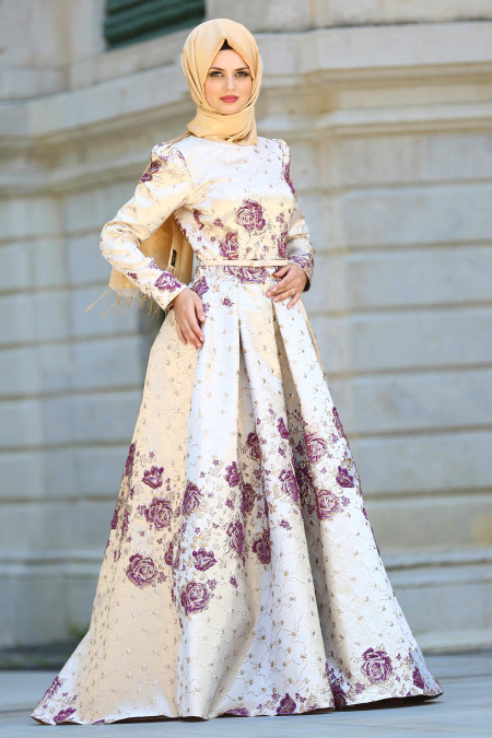 Evening Dresses - Ecru Hijab Dress 4496E