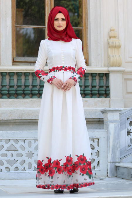 Evening Dresses - Ecru Hijab Dress 7739E