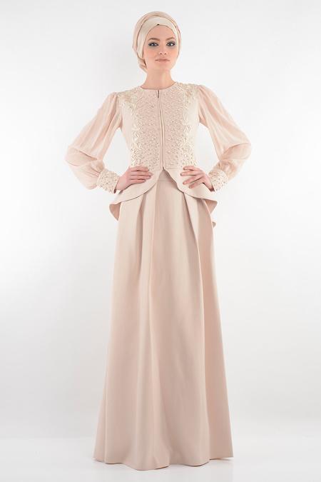 Evening Dresses - Ecru Hijab Dress 9018E - 1