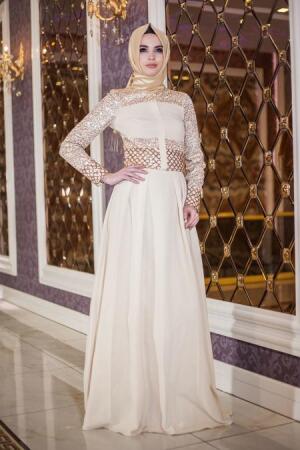 Evening Dresses - Ecru Hijab Dress 9022E - 1